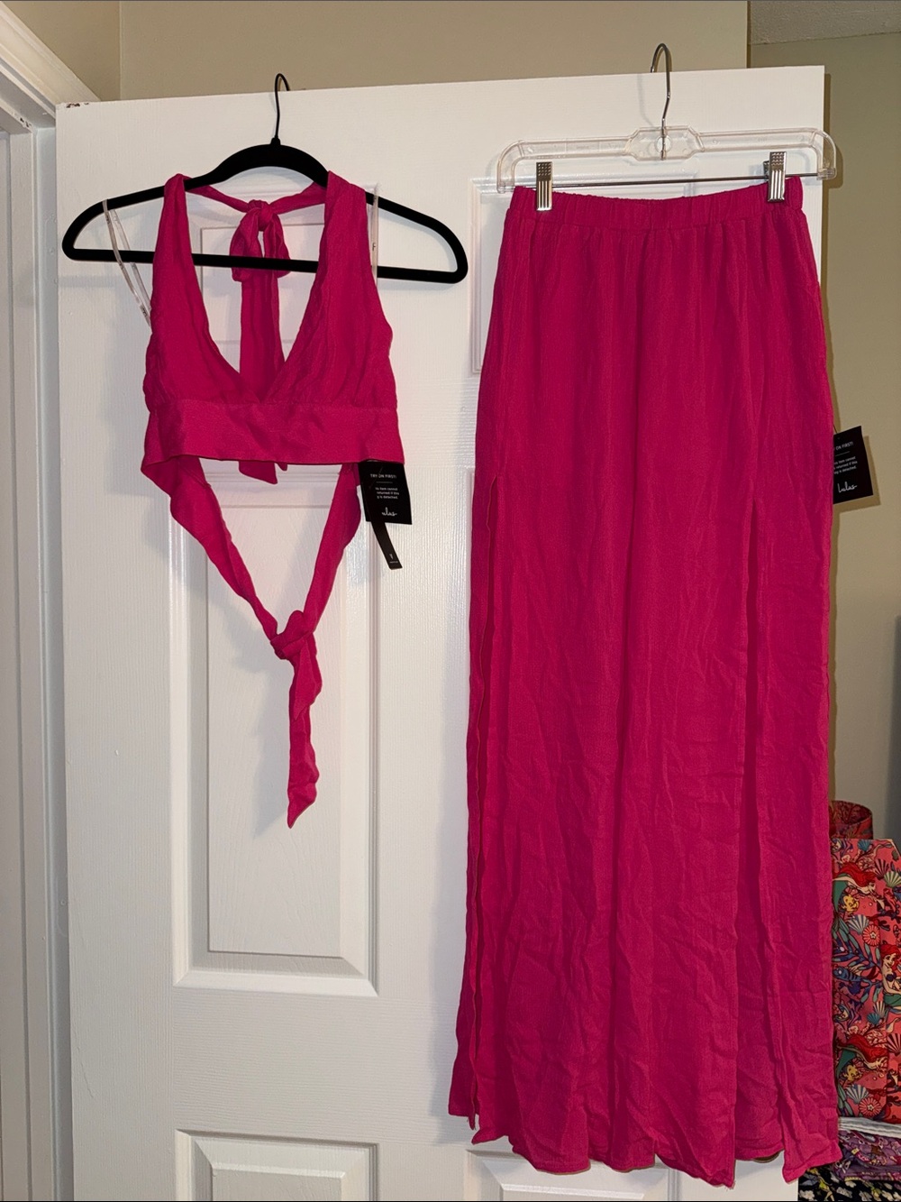 Lulu's Hot Pink Maxi Slit Pants and Halter Top Set
